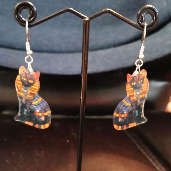 Stained Glass Egyptian Cat Earrings - Picture 3 of 4